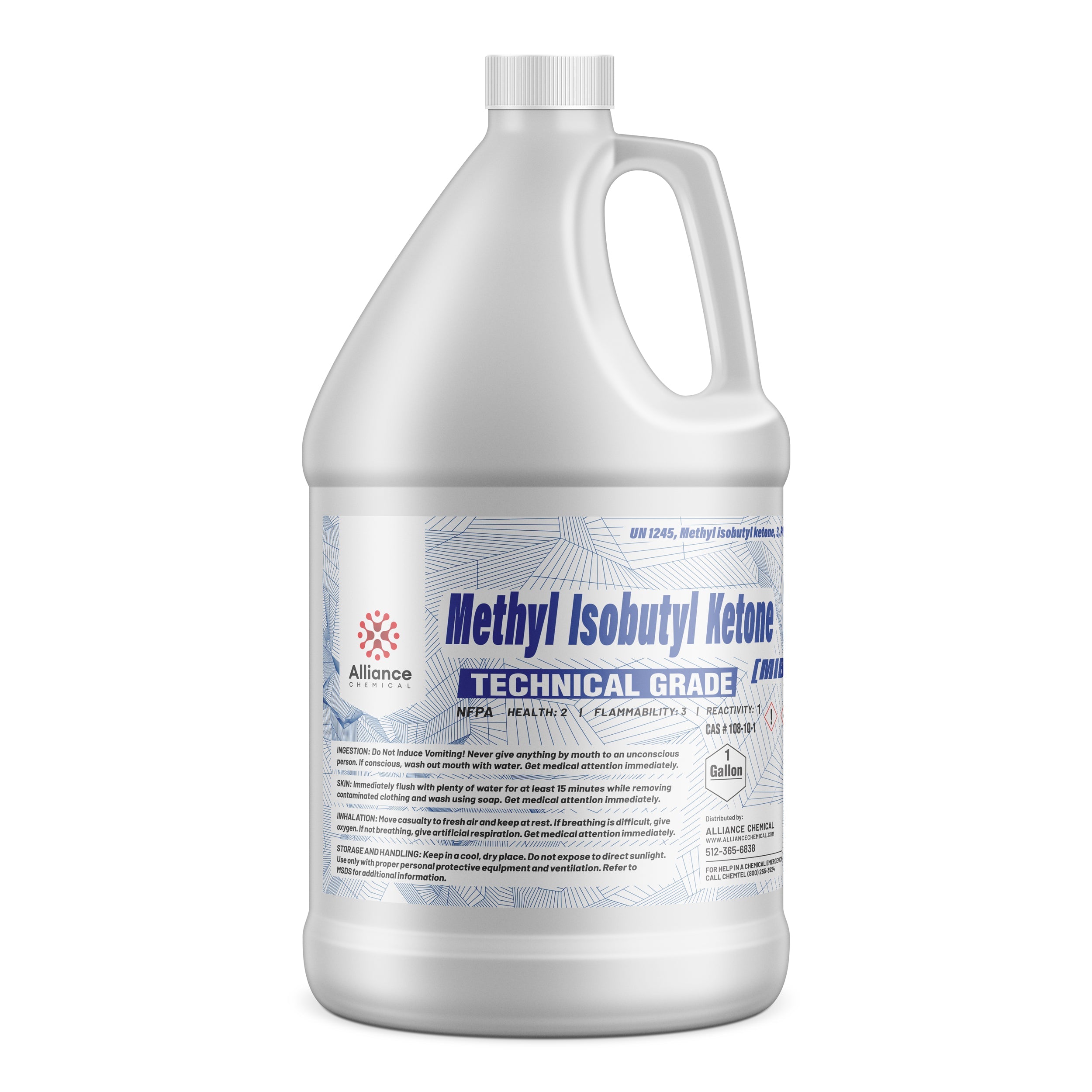 One-gallon MIBK Technical Grade solvent in white HDPE jug, Alliance Chemical brand, featuring NFPA diamond and safety warnings, blue-accent label design.